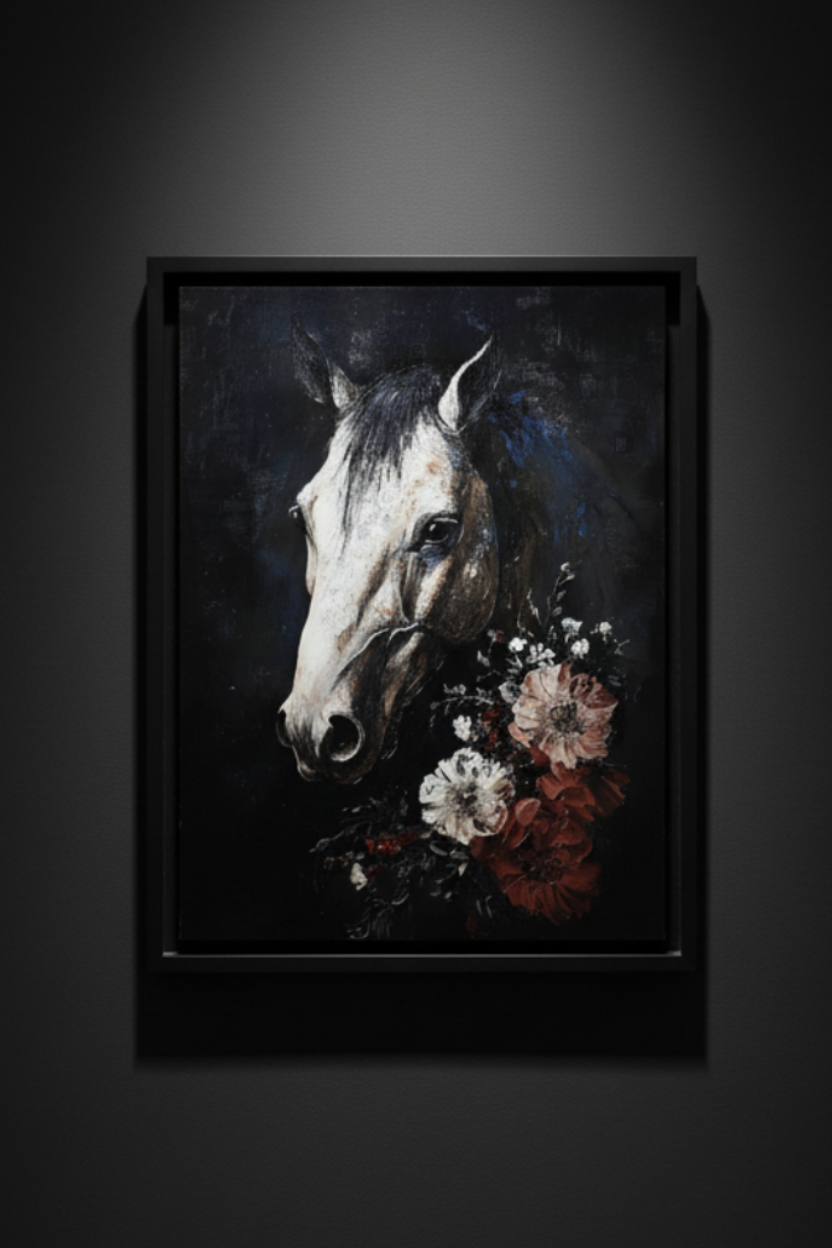 Night Garden Steed gothic horse and flowers fine art artwork