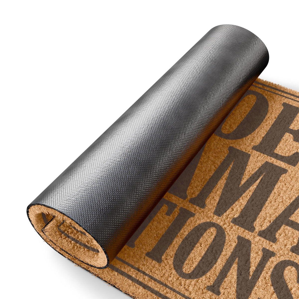 Rolled-up corner of the No Shoes No Drama No Exceptions coir doormat showing the black vinyl backing