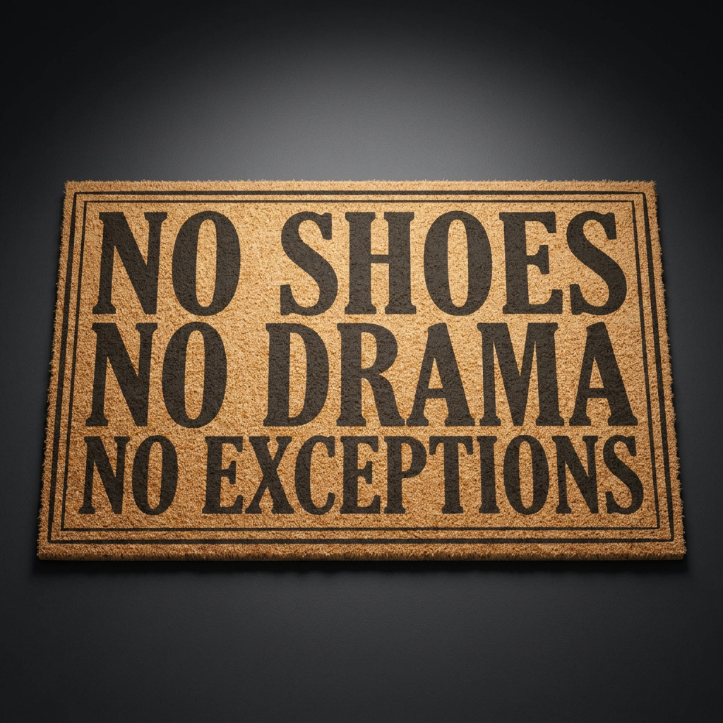 No Shoes No Drama No Exceptions coir doormat with dark lettering on natural tan coir, shown at an angle on a dark studio backdrop