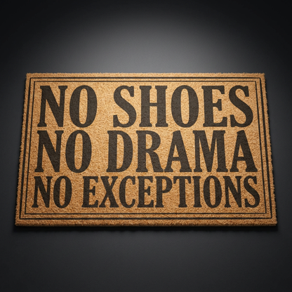 No Shoes No Drama No Exceptions coir doormat with dark lettering on natural tan coir, shown at an angle on a dark studio backdrop
