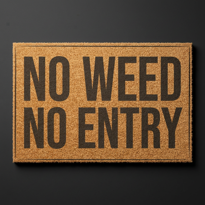 No Weed No Entry coir doormat with dark lettering on natural tan coir, shown at an angle on a dark studio backdrop