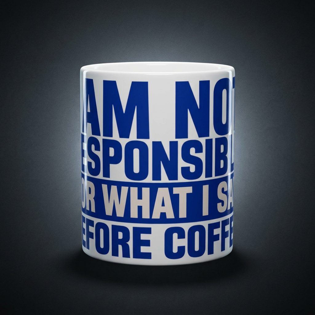 Funny coffee mug printed with "I AM NOT RESPONSIBLE FOR WHAT I SAY BEFORE COFFEE", shown on a dark studio background