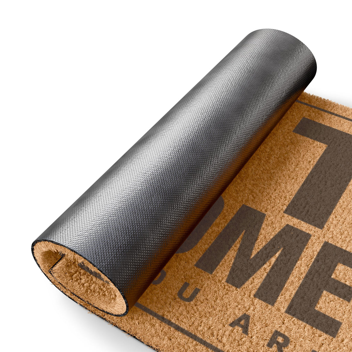 Rolled-up corner of the Not Welcome But Here You Are coir doormat showing the black vinyl backing