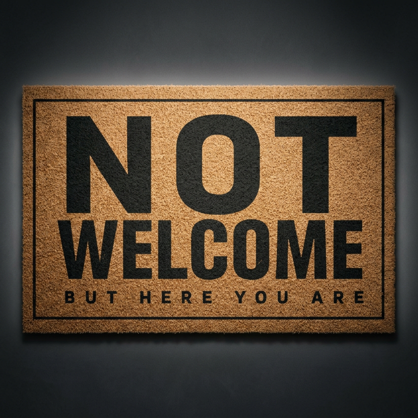 Not Welcome But Here You Are coir doormat with dark lettering on natural tan coir, shown on a dark studio backdrop