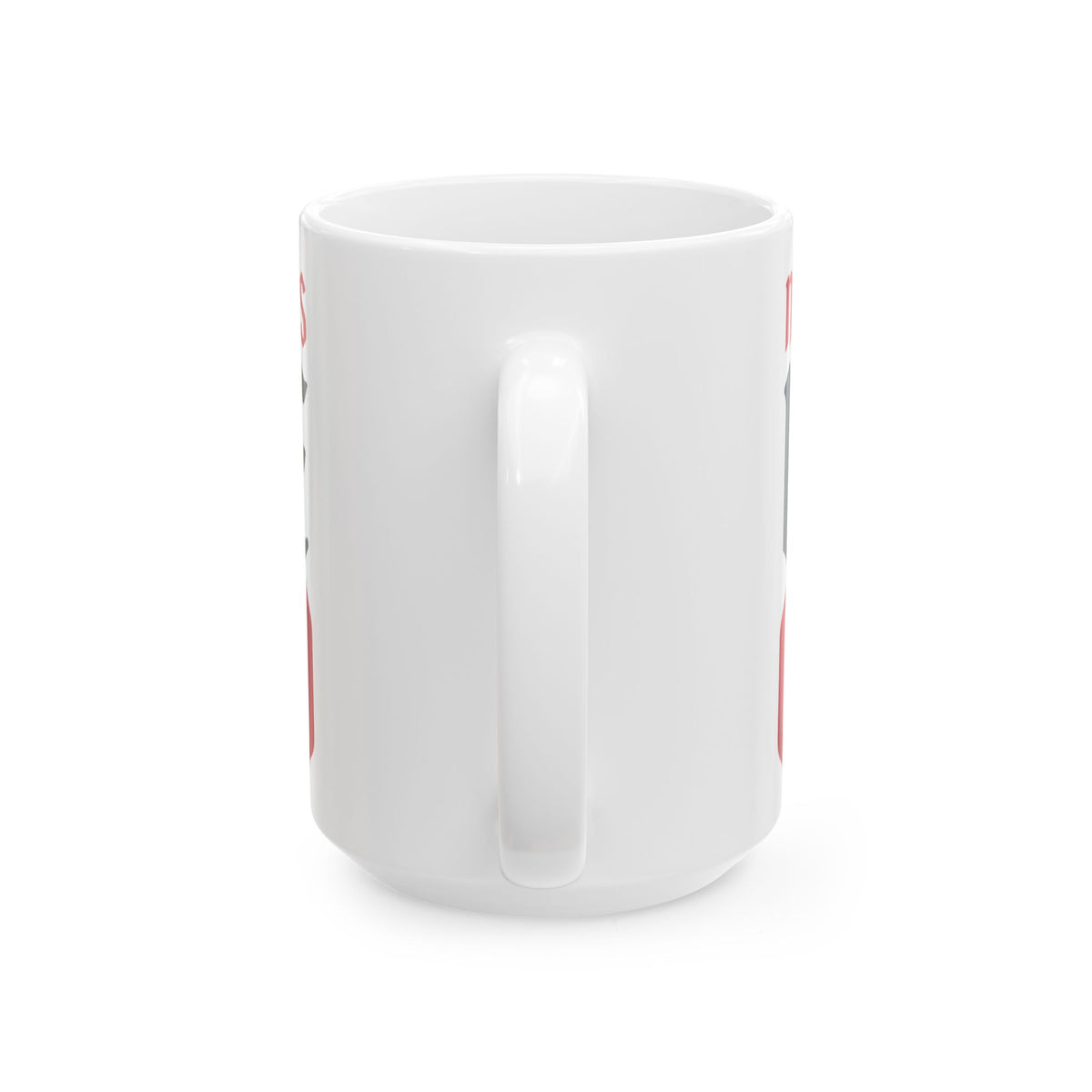 Funny coffee mug printed with "NOTHING GOOD HAPPENS BEFORE CUP TWO", 15 oz size, back view showing the handle