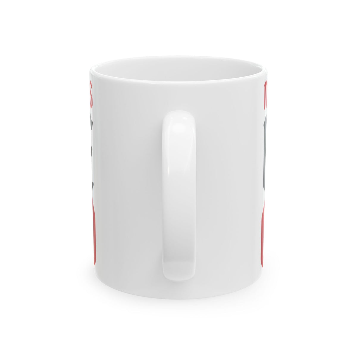Funny coffee mug printed with "NOTHING GOOD HAPPENS BEFORE CUP TWO", back view showing the handle
