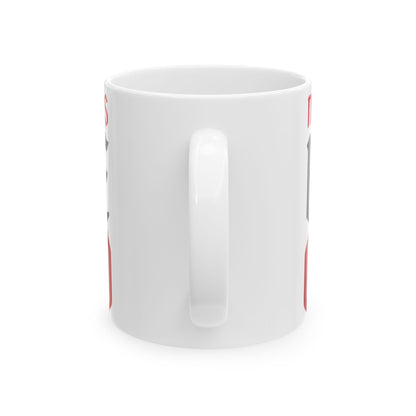 Funny coffee mug printed with "NOTHING GOOD HAPPENS BEFORE CUP TWO", back view showing the handle