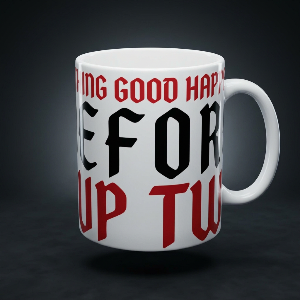 Funny coffee mug printed with "NOTHING GOOD HAPPENS BEFORE CUP TWO", shown on a dark studio background