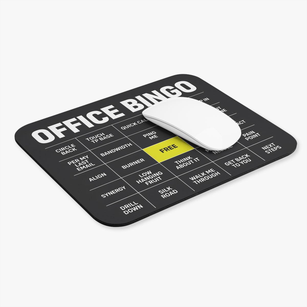 Office bingo mouse pad at an angle with a white computer mouse