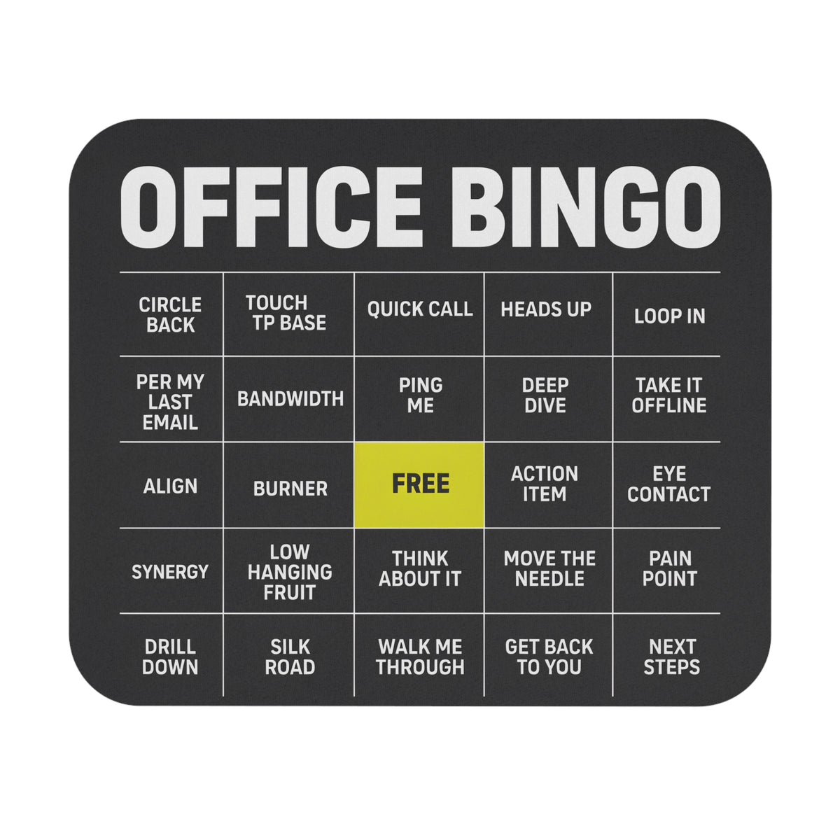 Funny office bingo mouse pad with corporate buzzwords, flat front view