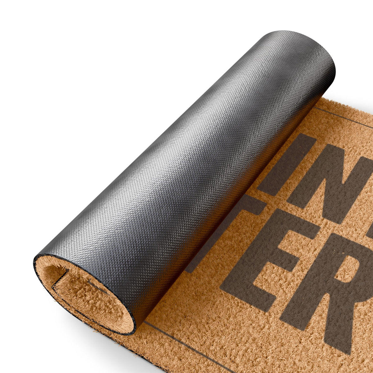 Rolled-up corner of the One Joint to Enter coir doormat showing the black vinyl backing