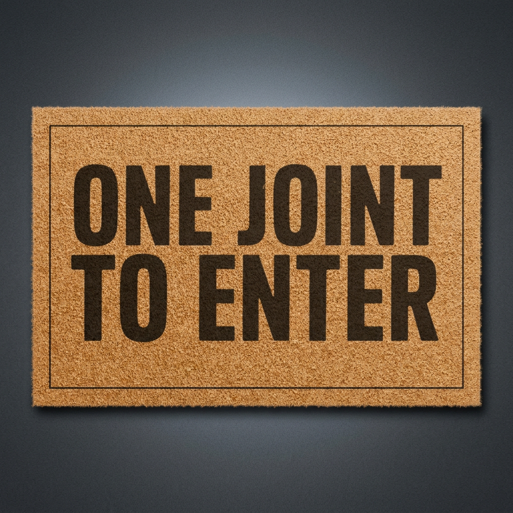 One Joint to Enter coir doormat with dark lettering on natural tan coir, shown at an angle on a dark studio backdrop