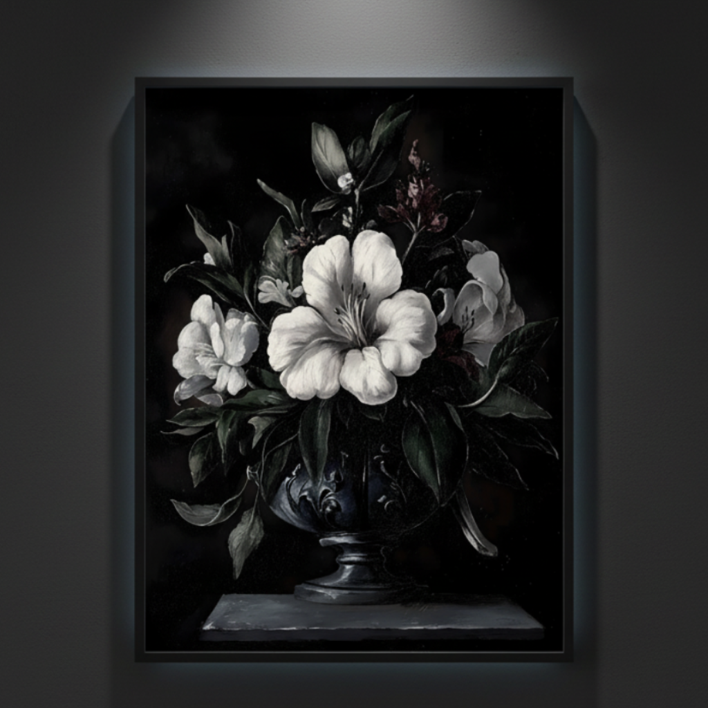 Ossuary of Petals | Dark Floral Still Life Poster — gothic fine art poster featuring white lilies in a dark classical vase.