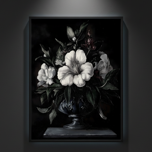 Ossuary of Petals | Dark Floral Still Life Poster — gothic fine art poster featuring white lilies in a dark classical vase.