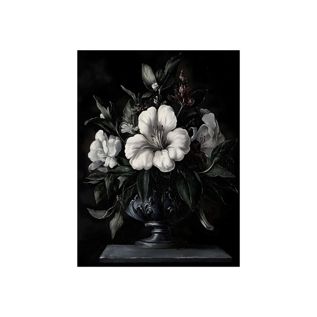 Ossuary of Petals | Dark Floral Still Life Poster fine art poster mockup displayed in an interior setting.
