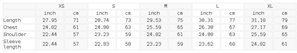 Size chart for the Oversized Unisex Long Sleeve T-Shirt