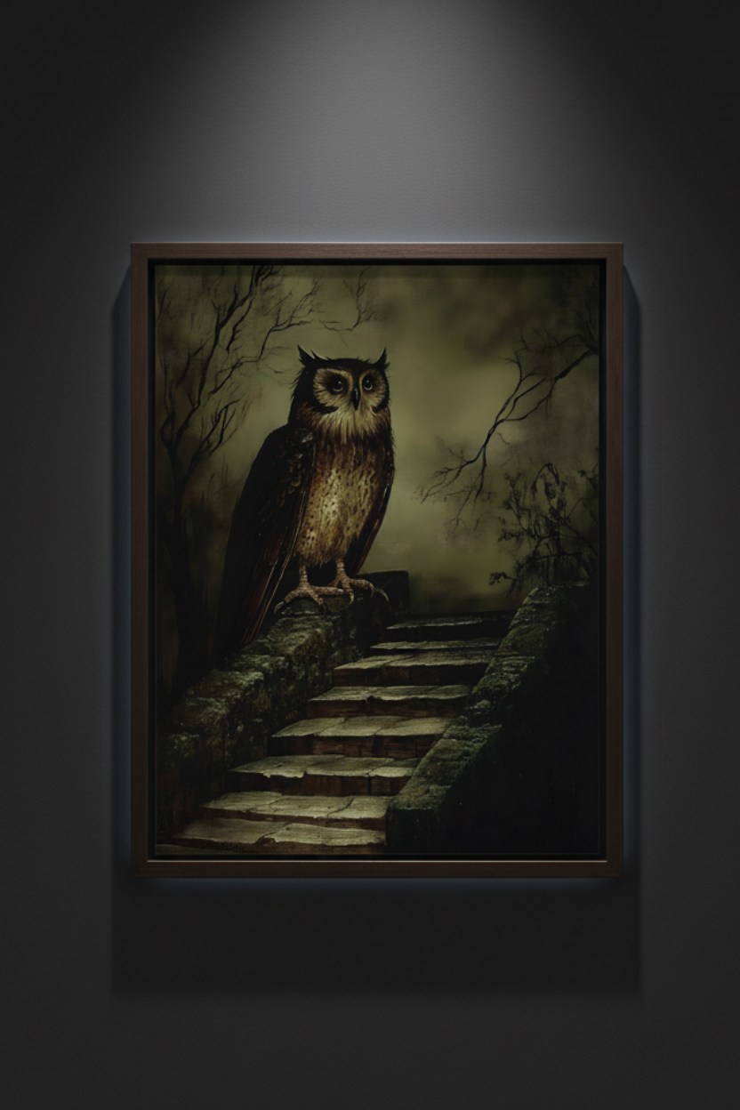 Owl at the Forest Stair, art print