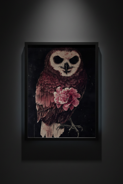 Owl with a Pink Bloom, art print