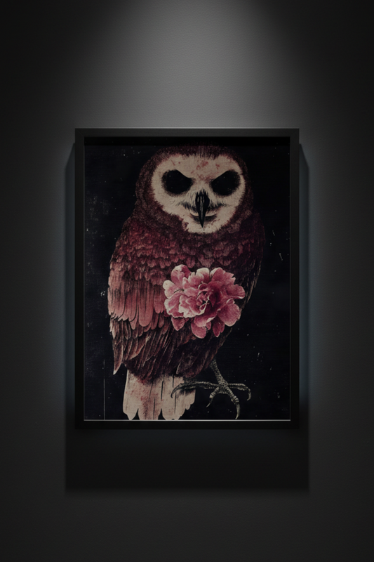 Owl with a Pink Bloom, art print