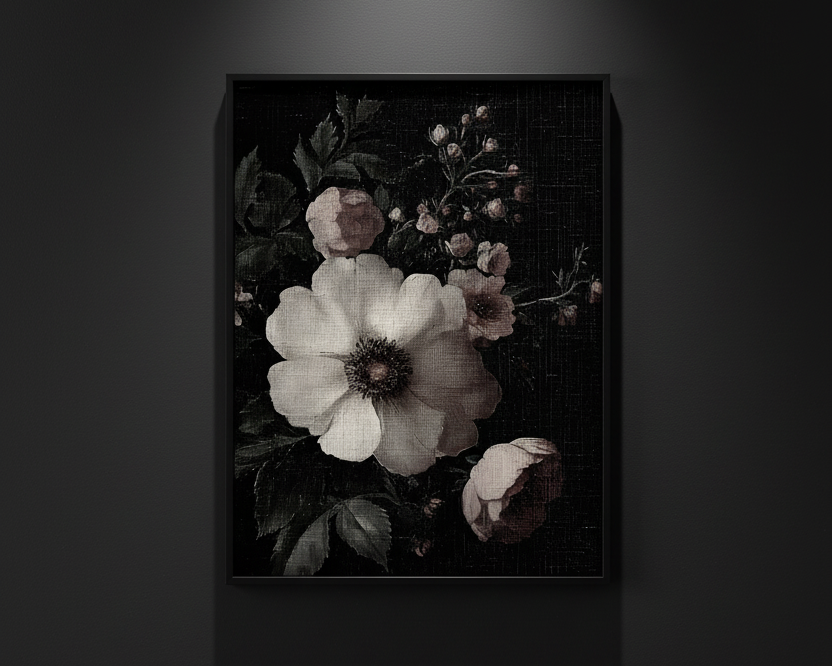 A dark floral painting featuring a large pale flower in the center with smaller blossoms and leaves around it, shown against a black background with a white margin outside the artwork.