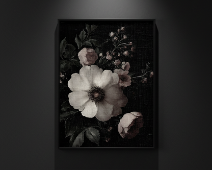 A dark floral painting featuring a large pale flower in the center with smaller blossoms and leaves around it, shown against a black background with a white margin outside the artwork.