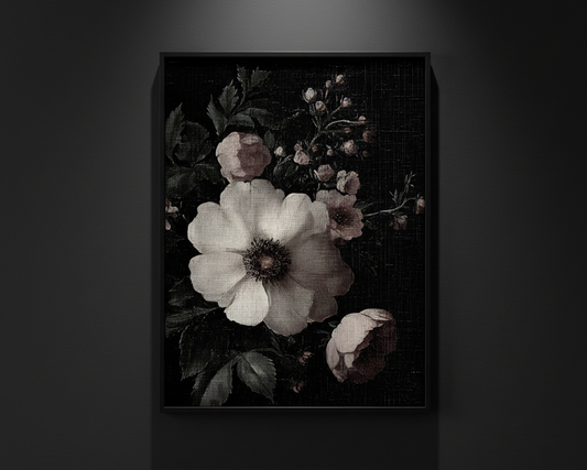 A dark floral painting featuring a large pale flower in the center with smaller blossoms and leaves around it, shown against a black background with a white margin outside the artwork.