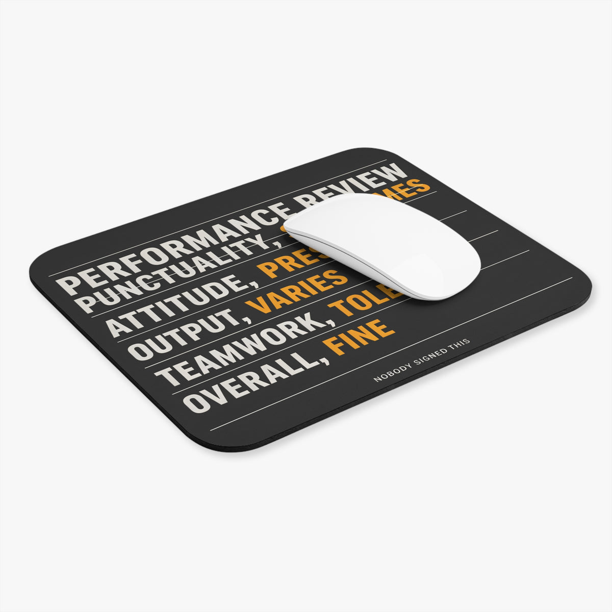 Performance review mouse pad at an angle with a white computer mouse
