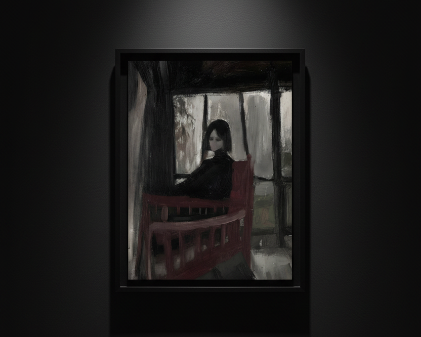 An art print or painting depicting a dark, moody scene of a woman sitting in a red wooden chair by a window, shown against a white background.