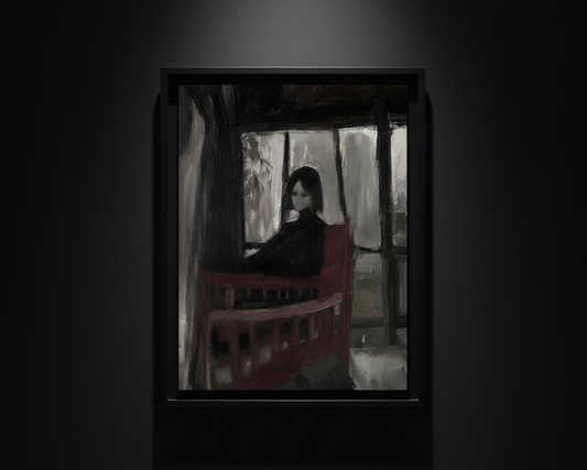 An art print or painting depicting a dark, moody scene of a woman sitting in a red wooden chair by a window, shown against a white background.