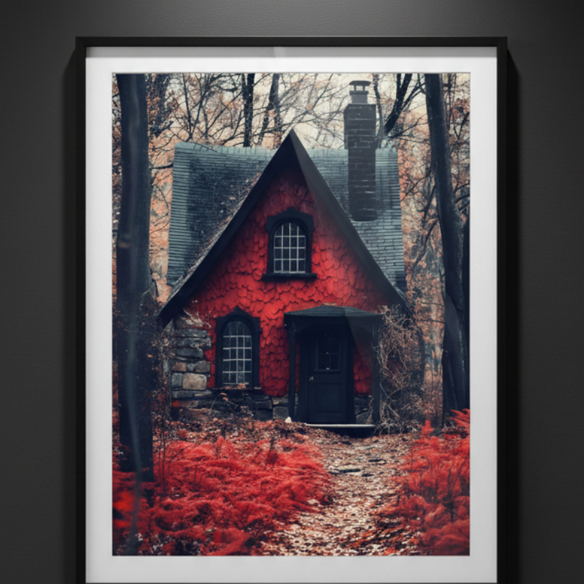 Red Cottage in October, art print