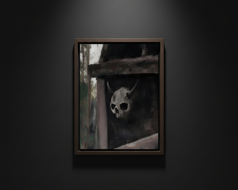 A dark, moody painting or print showing a horned skull emerging from a shadowy wooden structure, with muted gray, black, brown, and off-white tones.