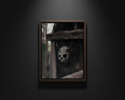 A dark, moody painting or print showing a horned skull emerging from a shadowy wooden structure, with muted gray, black, brown, and off-white tones.