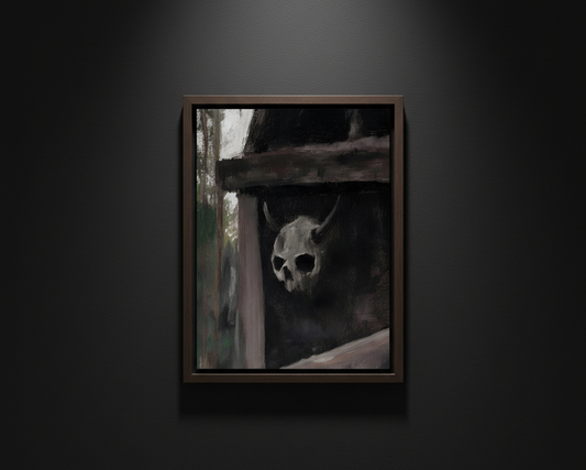 A dark, moody painting or print showing a horned skull emerging from a shadowy wooden structure, with muted gray, black, brown, and off-white tones.