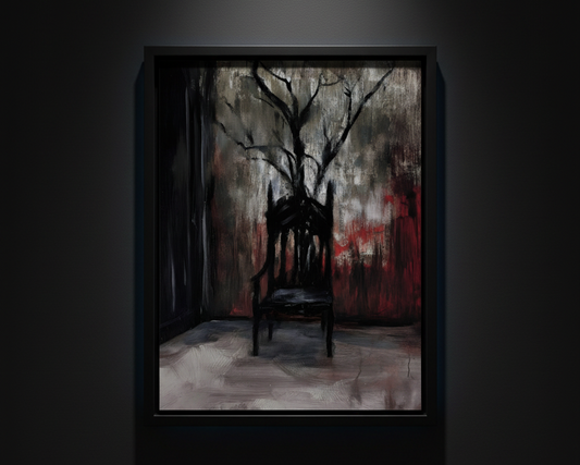 An abstract painting of a dark wooden chair in a room, with a bare tree growing out of the back, rendered in black, gray, brown, and red tones.