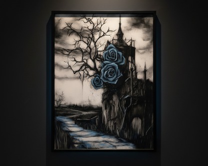 A gothic-style art print featuring three dark blue roses growing from a stone tower, with bare black branches and a cloudy sky in the background.