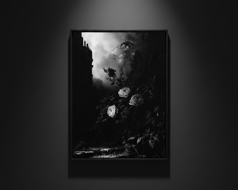 A black and white gothic art print depicting three white roses in dark foliage under a stormy sky, centered on a white background.