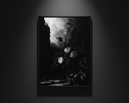 A black and white gothic art print depicting three white roses in dark foliage under a stormy sky, centered on a white background.