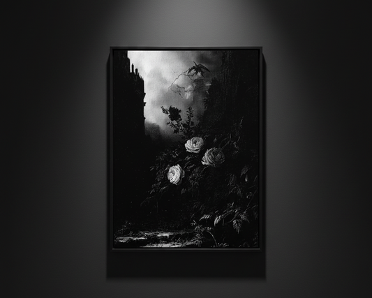 A black and white gothic art print depicting three white roses in dark foliage under a stormy sky, centered on a white background.