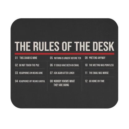Funny office mouse pad printed with the twelve rules of the desk, flat front view