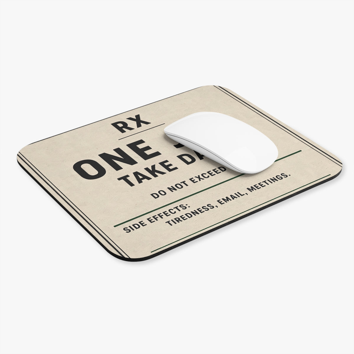 RX one job mouse pad at an angle with a white computer mouse