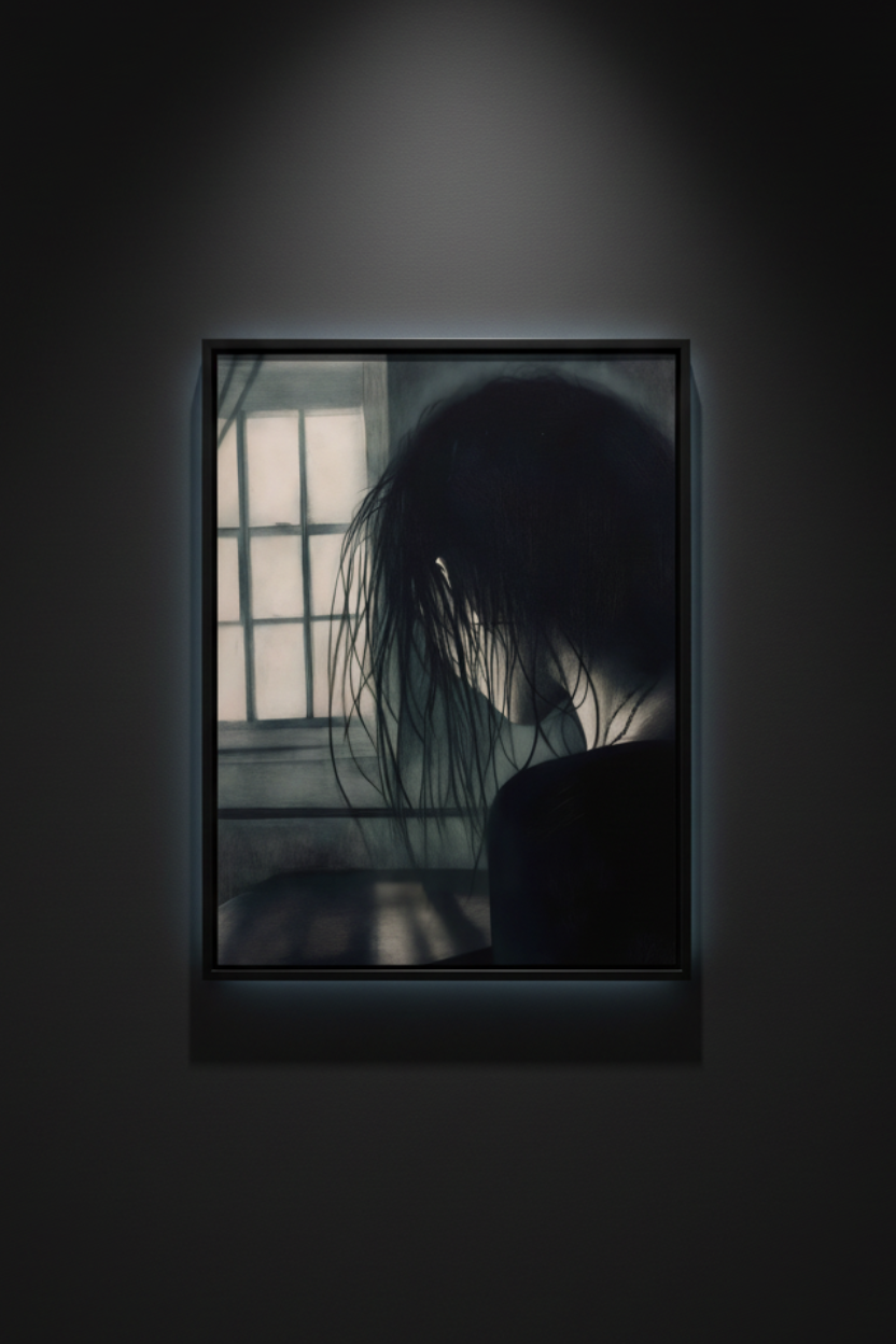A dark, moody art print depicting the silhouette of a person with long, messy hair standing in front of a bright window, set against a solid white background.