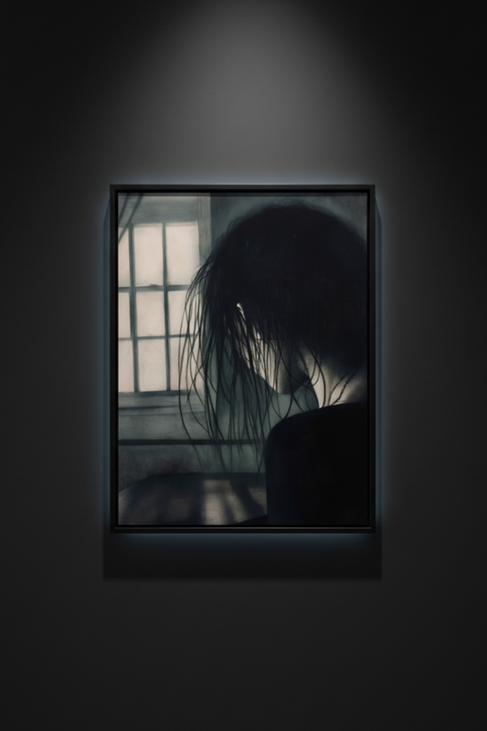 A dark, moody art print depicting the silhouette of a person with long, messy hair standing in front of a bright window, set against a solid white background.