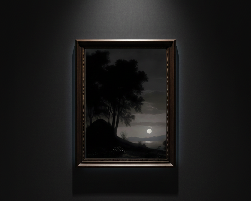 A dark landscape art print depicting silhouetted trees and a hillside in the foreground, with a bright full moon over distant mountains and a reflective body of water under a cloudy night sky.