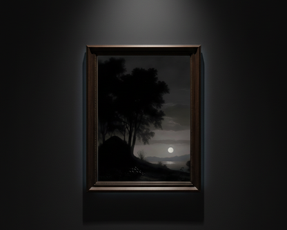 A dark landscape art print depicting silhouetted trees and a hillside in the foreground, with a bright full moon over distant mountains and a reflective body of water under a cloudy night sky.