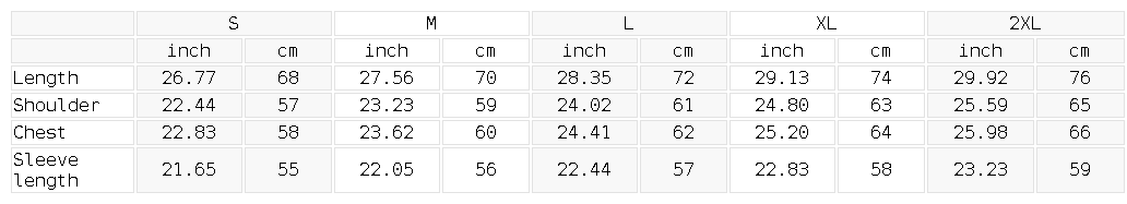 Size chart for the Streetwear Unisex Fleece Hoodie