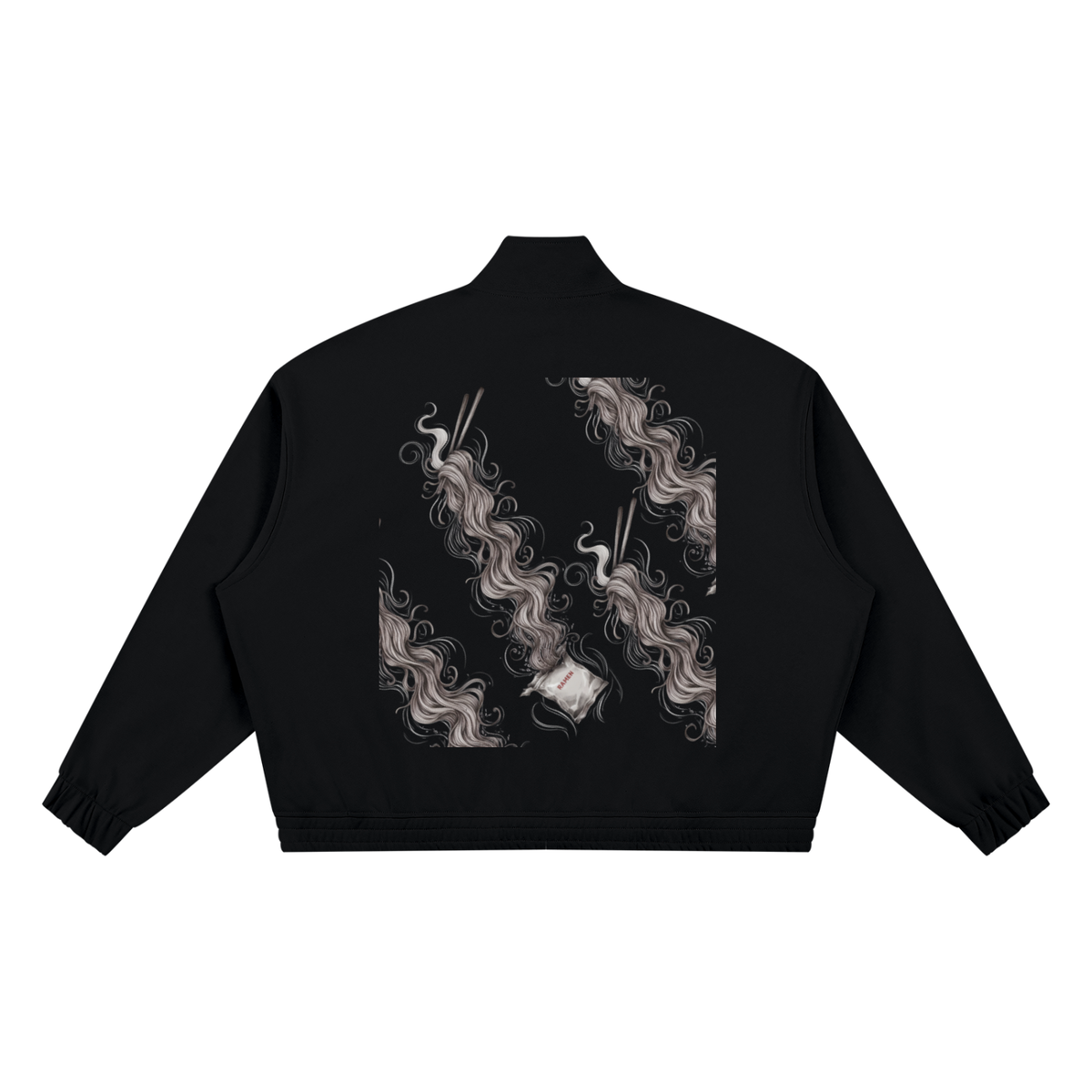 Black striped stand collar track jacket, back view with a large wavy ribbon panel