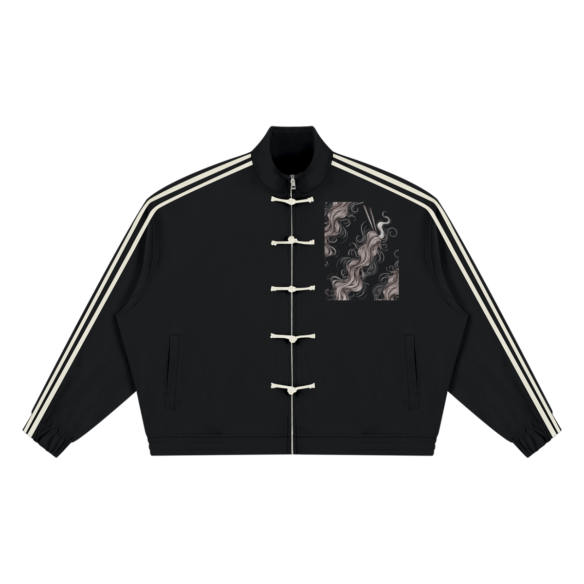 Black striped stand collar track jacket, front view with frog button front, cream sleeve stripes and a wavy ribbon panel on the right chest