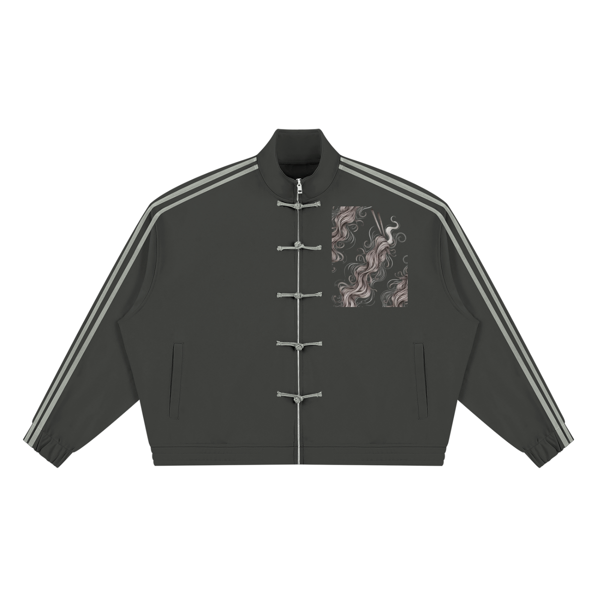 Dark gray striped stand collar track jacket, front view with frog button front, gray sleeve stripes and a wavy ribbon panel on the right chest