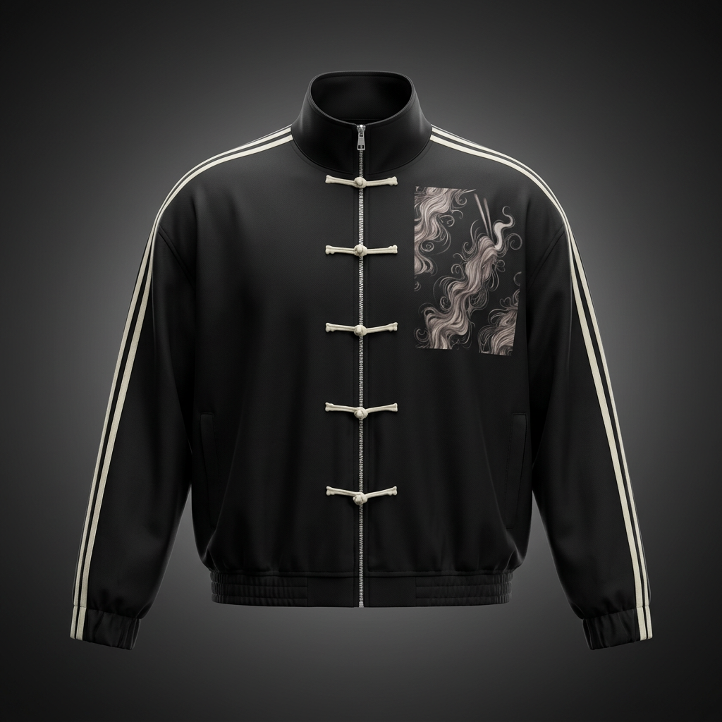 Black stand collar full zip track jacket with cream side stripes, cream frog button closures and a swirling smoke print chest panel