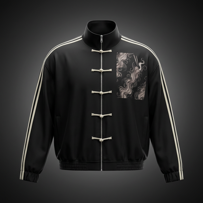 Black stand collar full zip track jacket with cream side stripes, cream frog button closures and a swirling smoke print chest panel